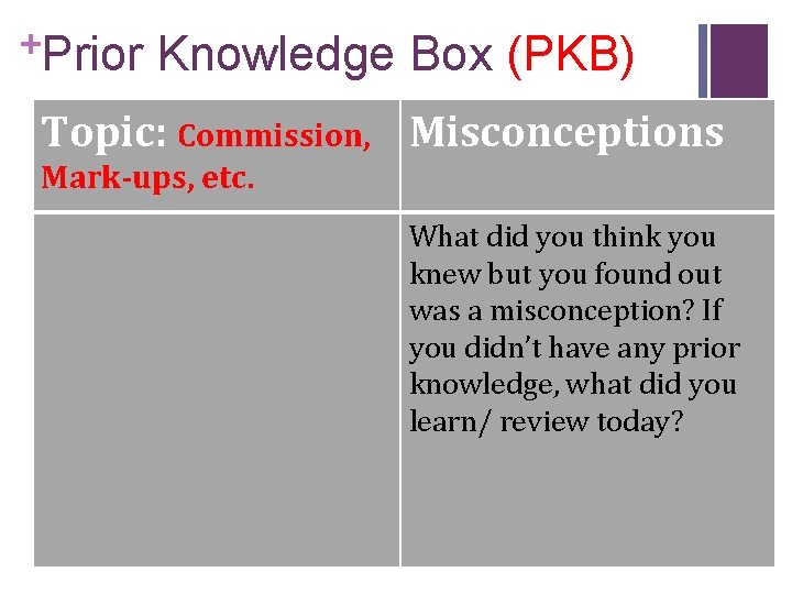 +Prior Knowledge Box (PKB) Topic: Commission, Misconceptions Mark-ups, etc. What did you think you