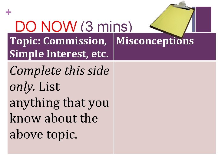 + DO NOW (3 mins) Topic: Commission, Misconceptions PKB (Prior Knowledge Box) Simple Interest,