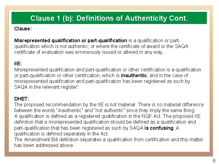 Clause 1 (b): Definitions of Authenticity Cont. Clause: Misrepresented qualification or part-qualification is a