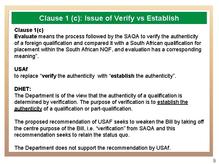Clause 1 (c): Issue of Verify vs Establish Clause 1(c) Evaluate means the process