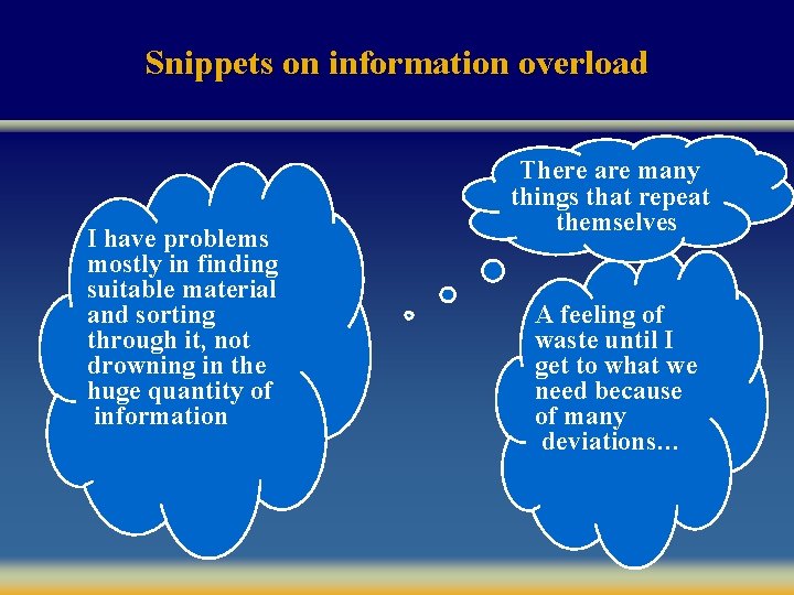 Snippets on information overload I have problems mostly in finding suitable material and sorting