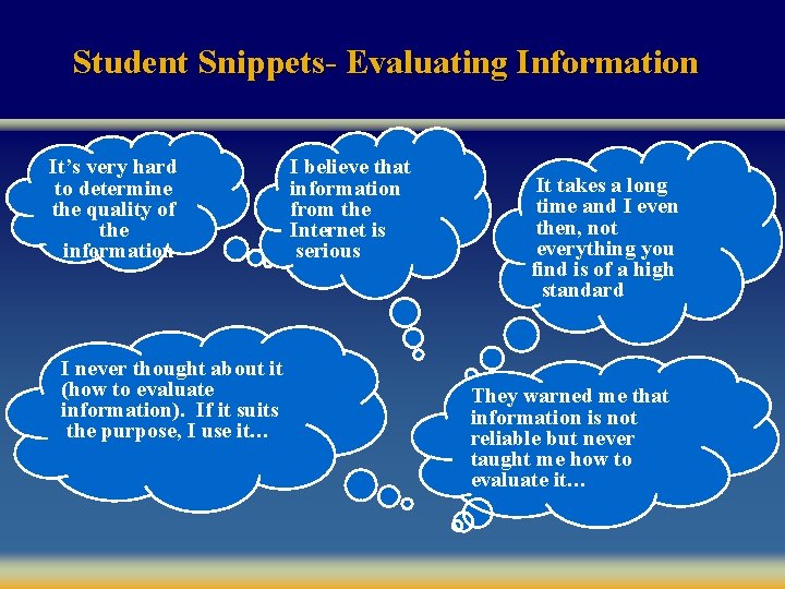 Student Snippets- Evaluating Information It’s very hard to determine the quality of the information