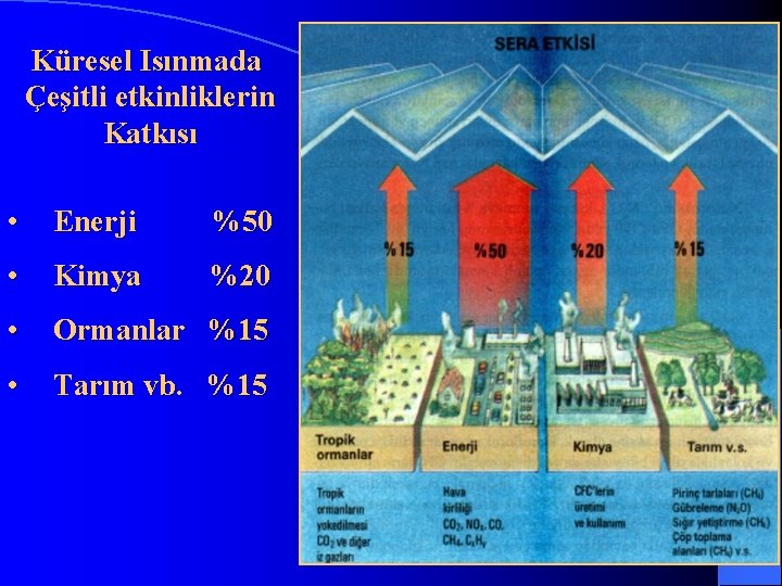 Küresel Isınmada Çeşitli etkinliklerin Katkısı • Enerji %50 • Kimya %20 • Ormanlar %15