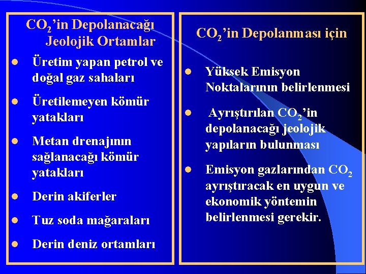 CO 2’in Depolanacağı Jeolojik Ortamlar CO 2’in Depolanması için l Üretim yapan petrol ve