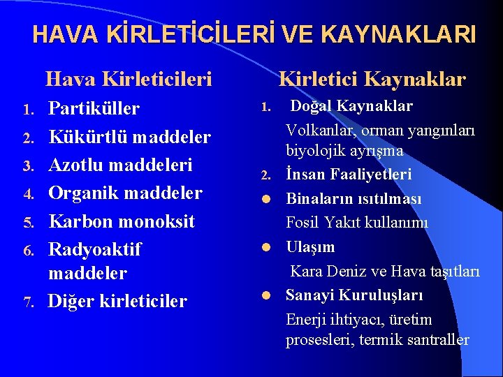 HAVA KİRLETİCİLERİ VE KAYNAKLARI Kirletici Kaynaklar Hava Kirleticileri 1. 2. 3. 4. 5. 6.