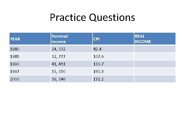 Practice Questions YEAR Nominal income CPI 1980 24, 332 82. 4 1985 32, 777 Practice Questions YEAR Nominal income CPI 1980 24, 332 82. 4 1985 32, 777