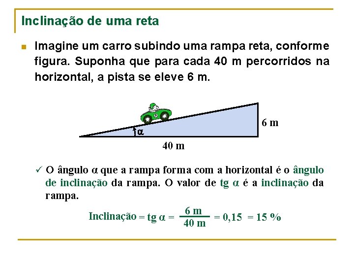 Inclinação de uma reta n Imagine um carro subindo uma rampa reta, conforme figura.