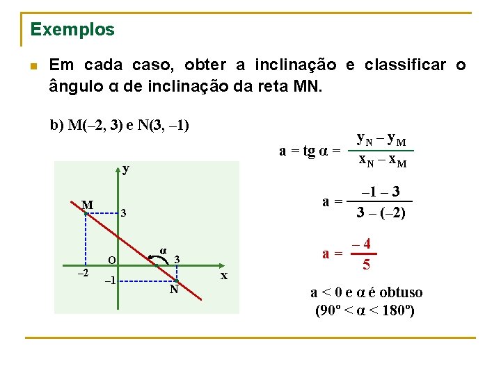 Exemplos n Em cada caso, obter a inclinação e classificar o ângulo α de