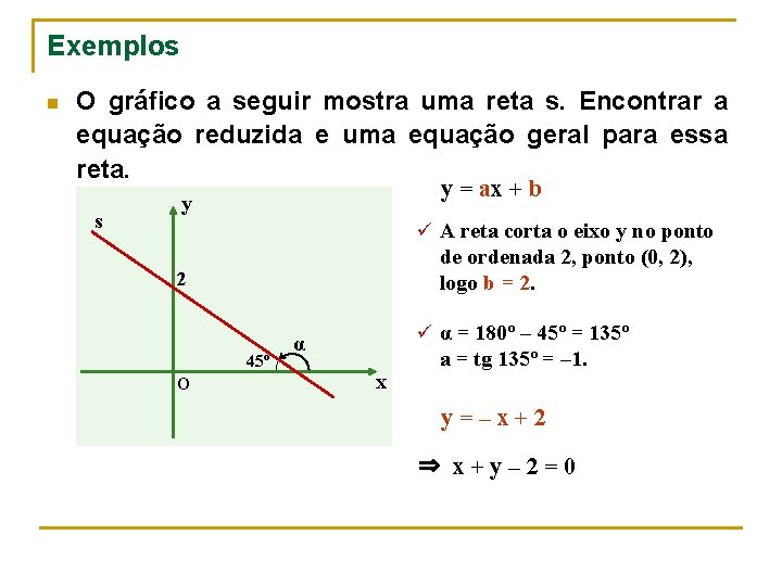 Exemplos n O gráfico a seguir mostra uma reta s. Encontrar a equação reduzida