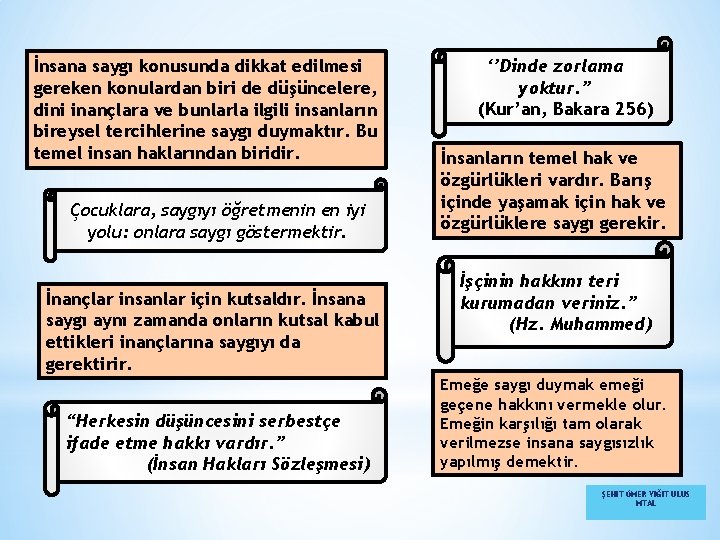 İnsana saygı konusunda dikkat edilmesi gereken konulardan biri de düşüncelere, dini inançlara ve bunlarla
