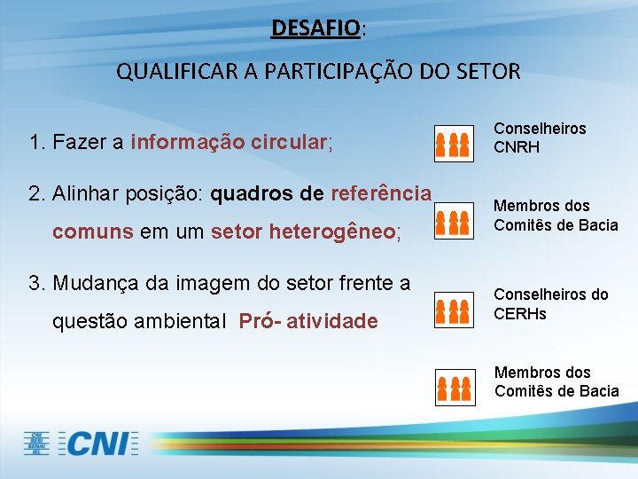 DESAFIO: QUALIFICAR A PARTICIPAÇÃO DO SETOR 1. Fazer a informação circular; 2. Alinhar posição: