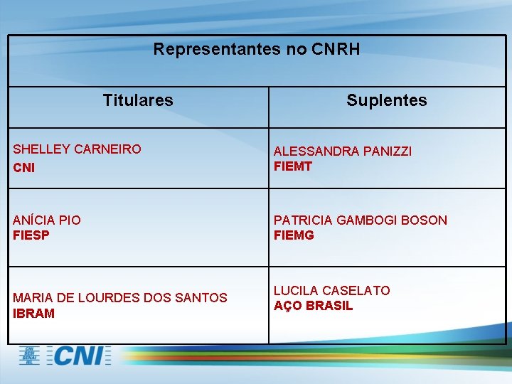 Representantes no CNRH Titulares Suplentes SHELLEY CARNEIRO CNI ALESSANDRA PANIZZI FIEMT ANÍCIA PIO FIESP