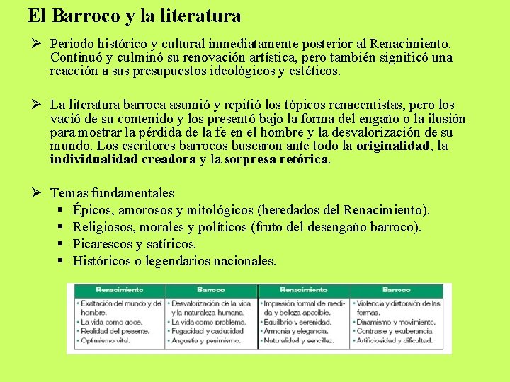 El Barroco y la literatura Ø Periodo histórico y cultural inmediatamente posterior al Renacimiento.