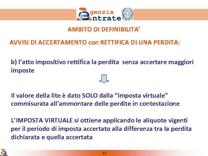 AMBITO DI DEFINIBILITA’ AVVISI DI ACCERTAMENTO con RETTIFICA DI UNA PERDITA: b) l’atto impositivo