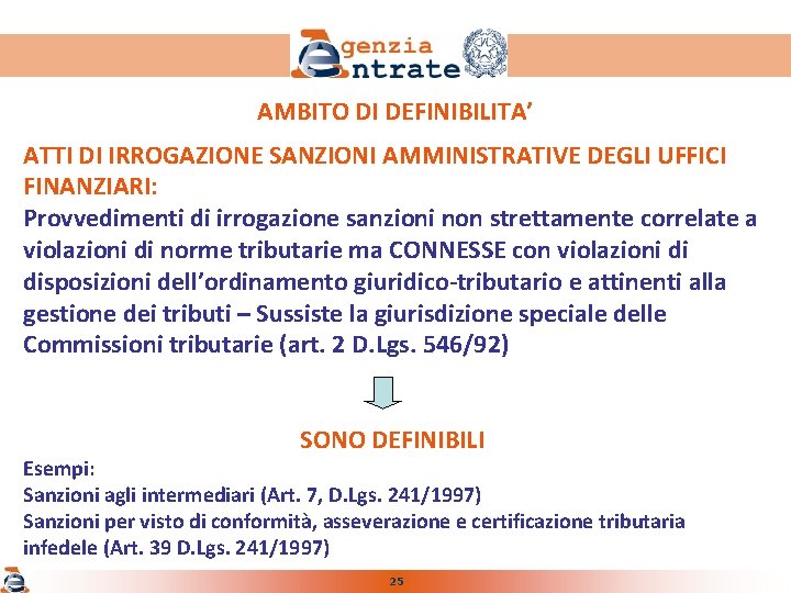 AMBITO DI DEFINIBILITA’ ATTI DI IRROGAZIONE SANZIONI AMMINISTRATIVE DEGLI UFFICI FINANZIARI: Provvedimenti di irrogazione