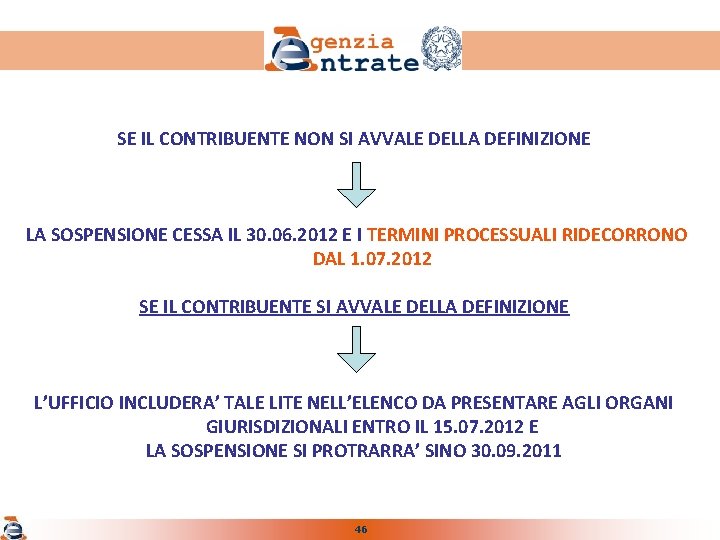 SE IL CONTRIBUENTE NON SI AVVALE DELLA DEFINIZIONE LA SOSPENSIONE CESSA IL 30. 06.