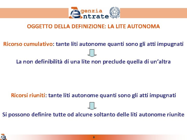 OGGETTO DELLA DEFINIZIONE: LA LITE AUTONOMA Ricorso cumulativo: tante liti autonome quanti sono gli