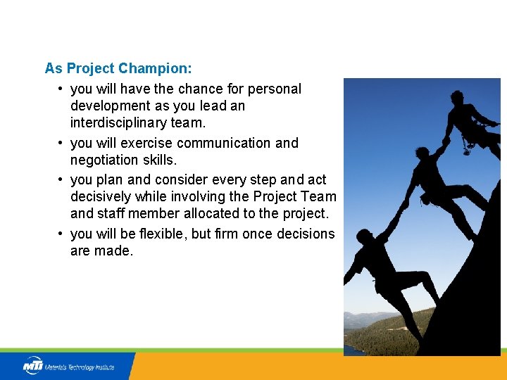 INTRODUCTION As Project Champion: • you will have the chance for personal development as