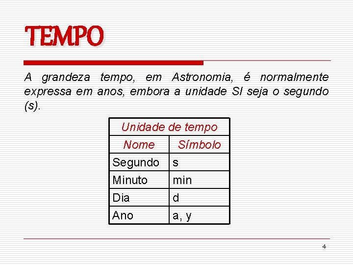 TEMPO A grandeza tempo, em Astronomia, é normalmente expressa em anos, embora a unidade