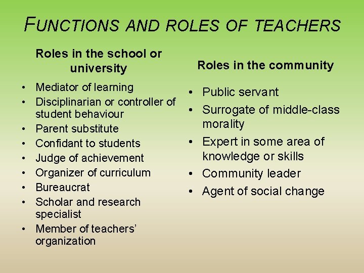 FUNCTIONS AND ROLES OF TEACHERS Roles in the school or university • Mediator of