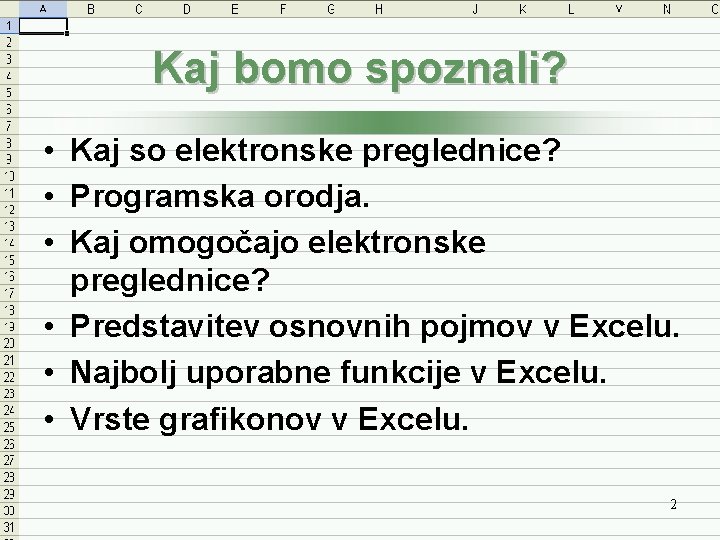 Kaj bomo spoznali? • Kaj so elektronske preglednice? • Programska orodja. • Kaj omogočajo