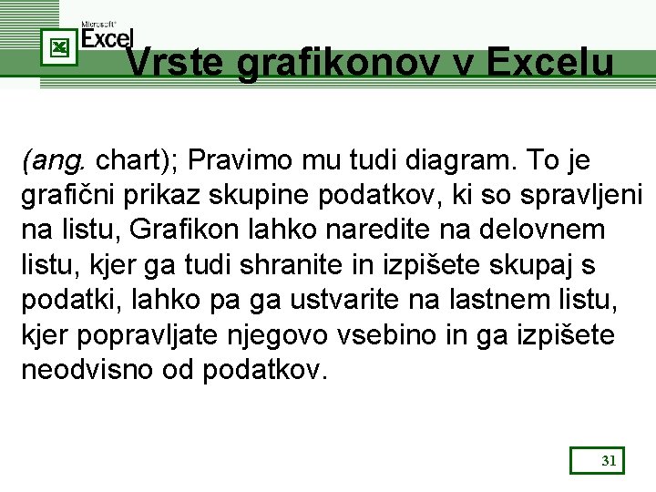 Vrste grafikonov v Excelu (ang. chart); Pravimo mu tudi diagram. To je grafični prikaz