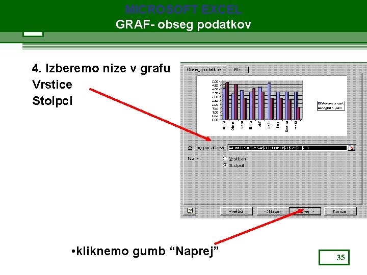 MICROSOFT EXCEL GRAF- obseg podatkov 4. Izberemo nize v grafu Vrstice Stolpci • kliknemo