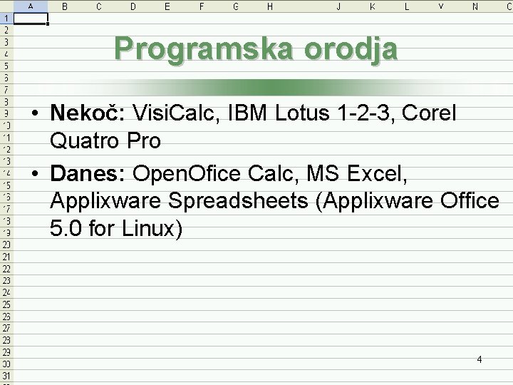 Programska orodja • Nekoč: Visi. Calc, IBM Lotus 1 -2 -3, Corel Quatro Pro