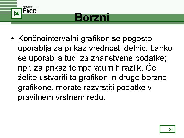 Borzni • Končnointervalni grafikon se pogosto uporablja za prikaz vrednosti delnic. Lahko se uporablja