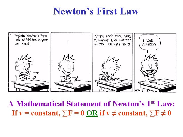 Newton’s First Law A Mathematical Statement of Newton’s 1 st Law: If v =