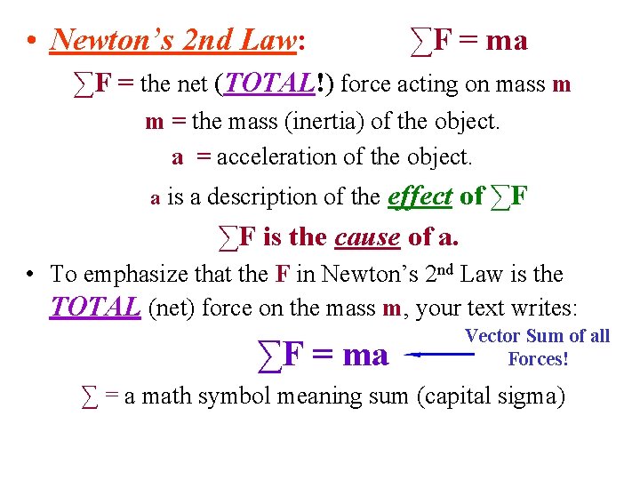  • Newton’s 2 nd Law: ∑F = ma ∑F = the net (TOTAL!)