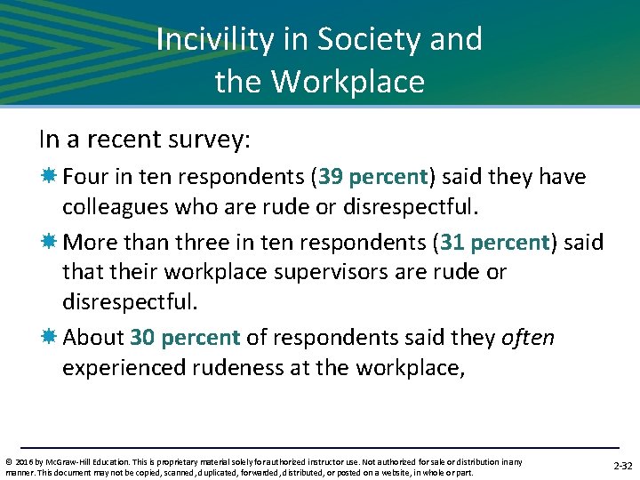 Incivility in Society and the Workplace In a recent survey: Four in ten respondents