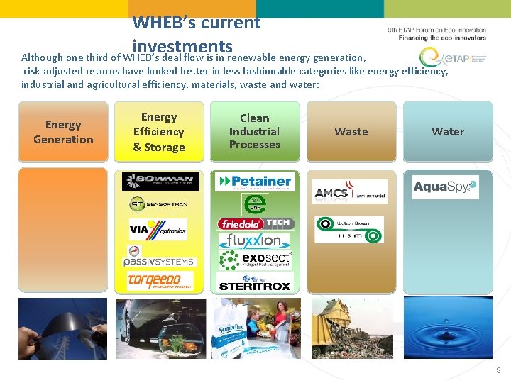 WHEB’s current investments Although one third of WHEB’s deal flow is in renewable energy