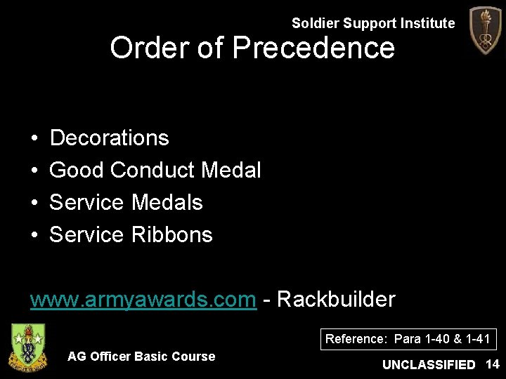 Soldier Support Institute Order of Precedence • • Decorations Good Conduct Medal Service Medals