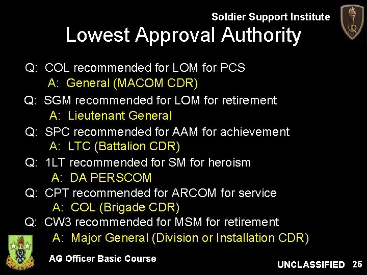 Soldier Support Institute Lowest Approval Authority Q: COL recommended for LOM for PCS A: