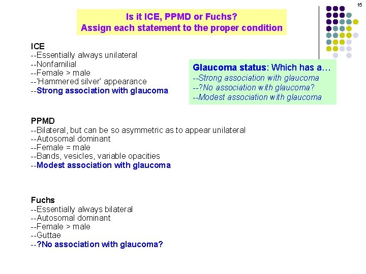 15 Is it ICE, PPMD or Fuchs? Assign each statement to the proper condition