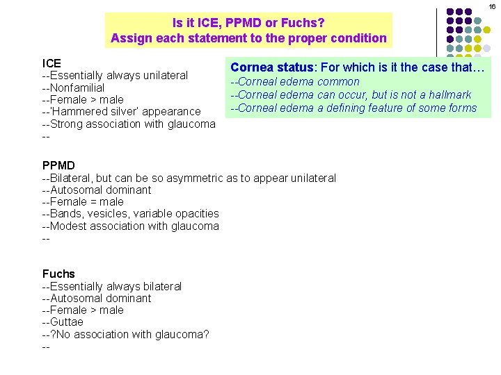 16 Is it ICE, PPMD or Fuchs? Assign each statement to the proper condition