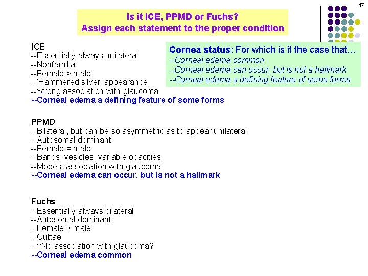 17 Is it ICE, PPMD or Fuchs? Assign each statement to the proper condition