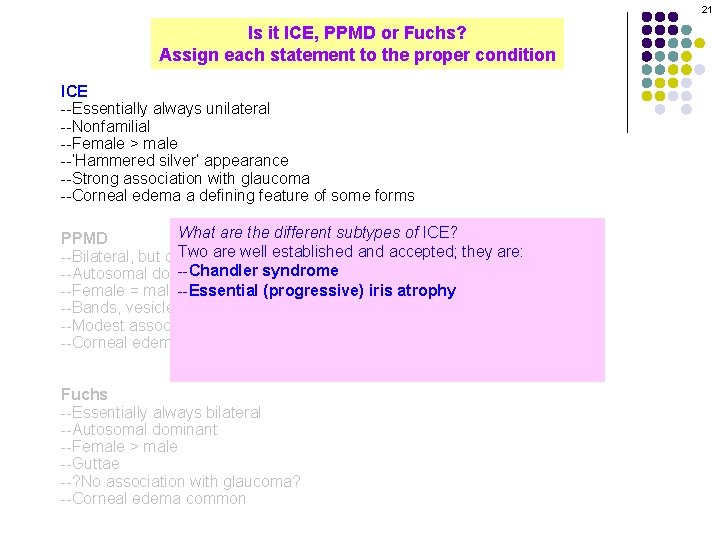 21 Is it ICE, PPMD or Fuchs? Assign each statement to the proper condition