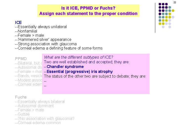 22 Is it ICE, PPMD or Fuchs? Assign each statement to the proper condition