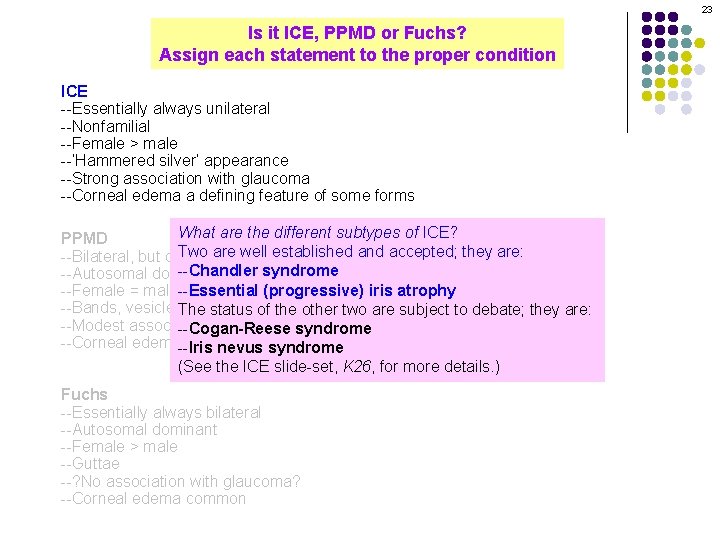 23 Is it ICE, PPMD or Fuchs? Assign each statement to the proper condition