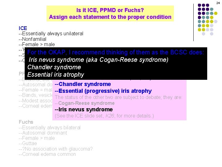 24 Is it ICE, PPMD or Fuchs? Assign each statement to the proper condition