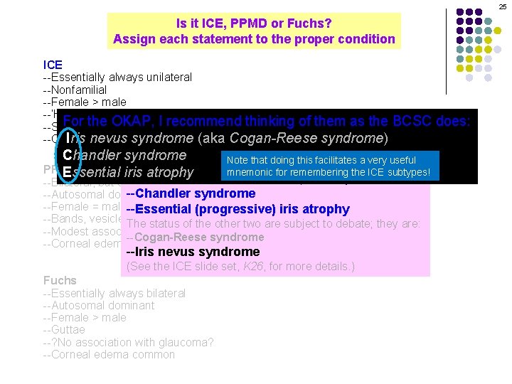 25 Is it ICE, PPMD or Fuchs? Assign each statement to the proper condition