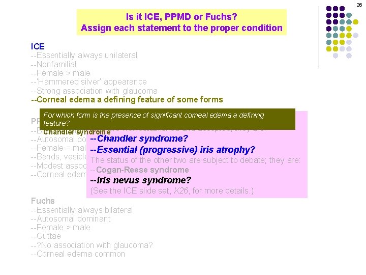 26 Is it ICE, PPMD or Fuchs? Assign each statement to the proper condition