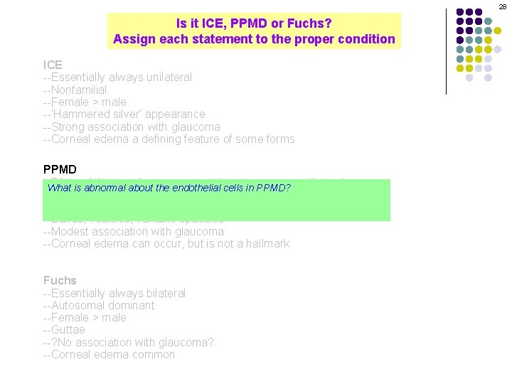 28 Is it ICE, PPMD or Fuchs? Assign each statement to the proper condition