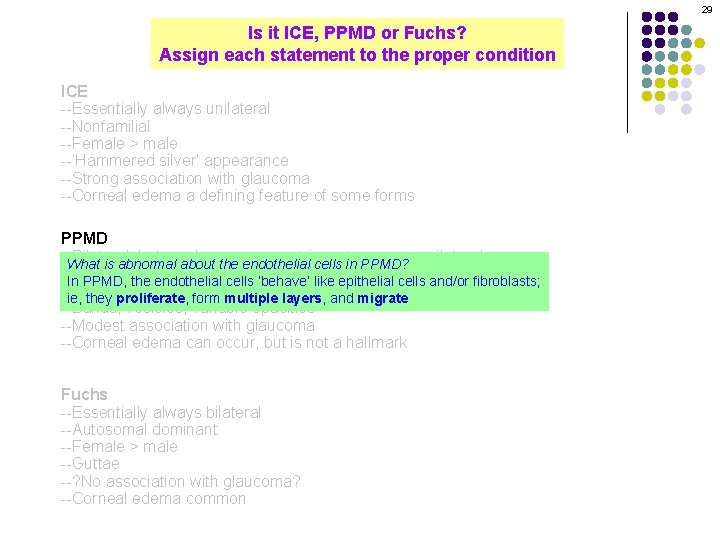 29 Is it ICE, PPMD or Fuchs? Assign each statement to the proper condition
