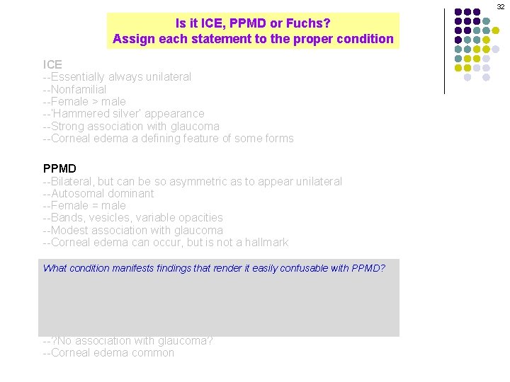 32 Is it ICE, PPMD or Fuchs? Assign each statement to the proper condition