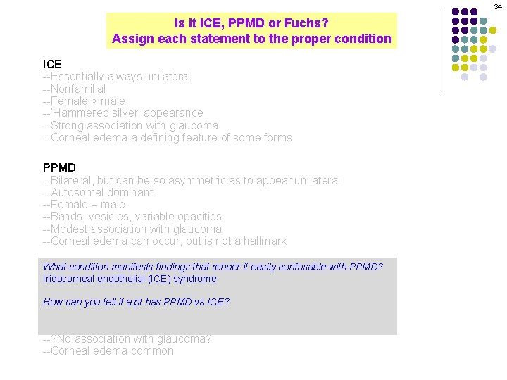 34 Is it ICE, PPMD or Fuchs? Assign each statement to the proper condition