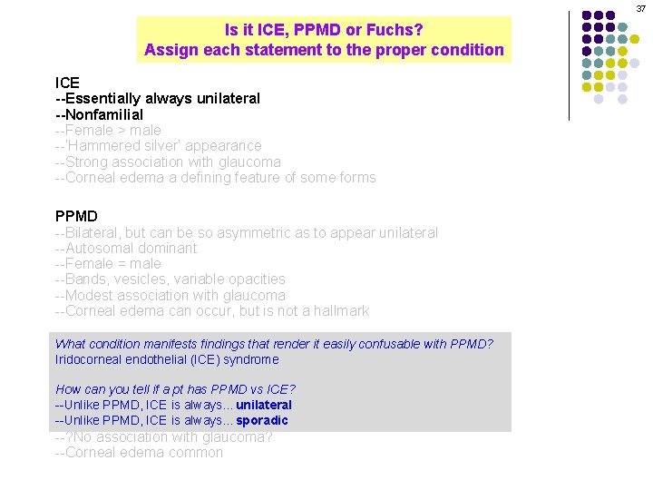 37 Is it ICE, PPMD or Fuchs? Assign each statement to the proper condition