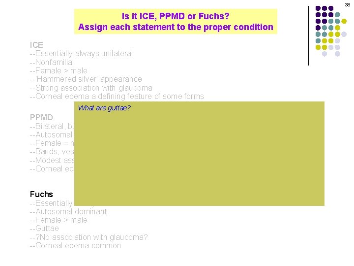 38 Is it ICE, PPMD or Fuchs? Assign each statement to the proper condition